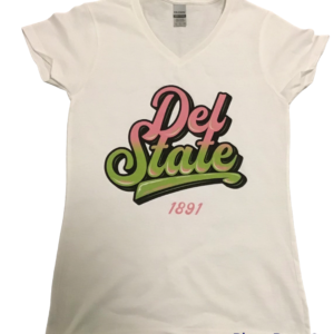 Delaware State V Neck T shirt pink and green